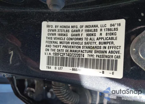 2016 Honda Civic Ex from USA, damaged, VIN 19XFC2F74GE222074